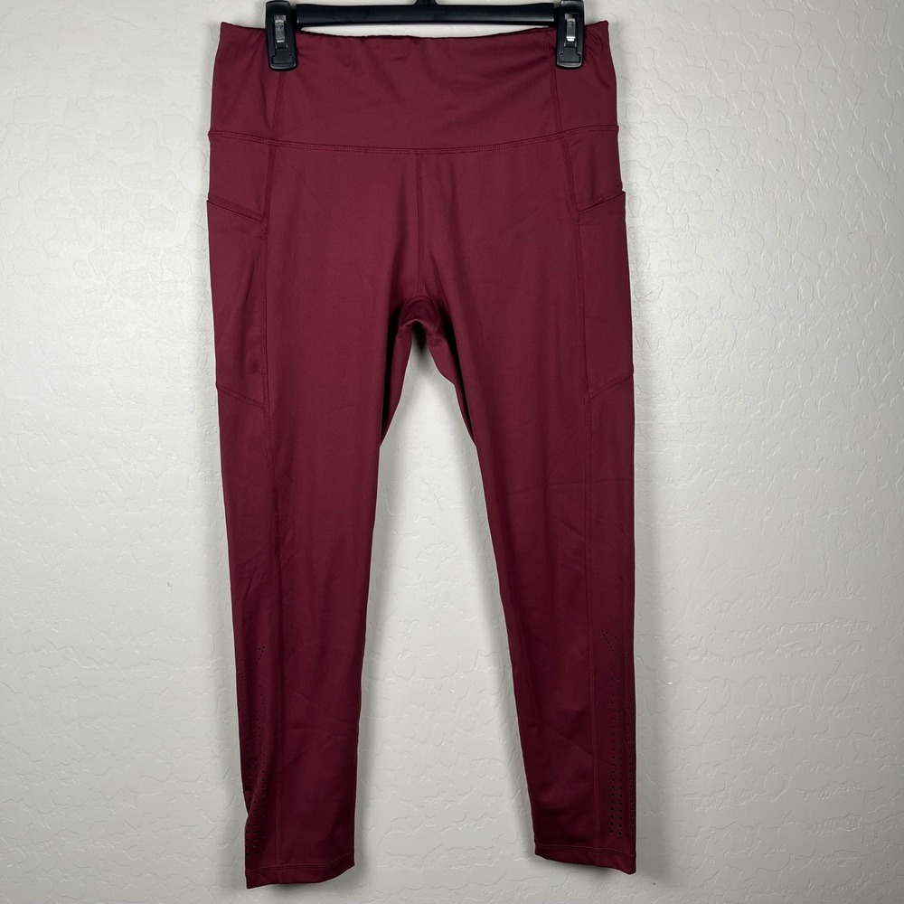 KORSA Womens Burgundy Athletic Leggings Pockets Mid Rise Size L Activewear